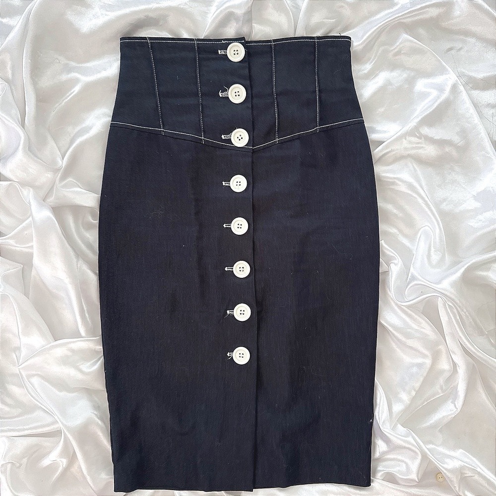 Charlotte Russe Vintage High Waisted Pencil Skirt Navy Blue Contrast Stitch S